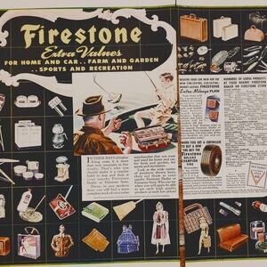1942 Firestone 2-Page Vintage Print Ad‎ - Extra Values & Wartime Products